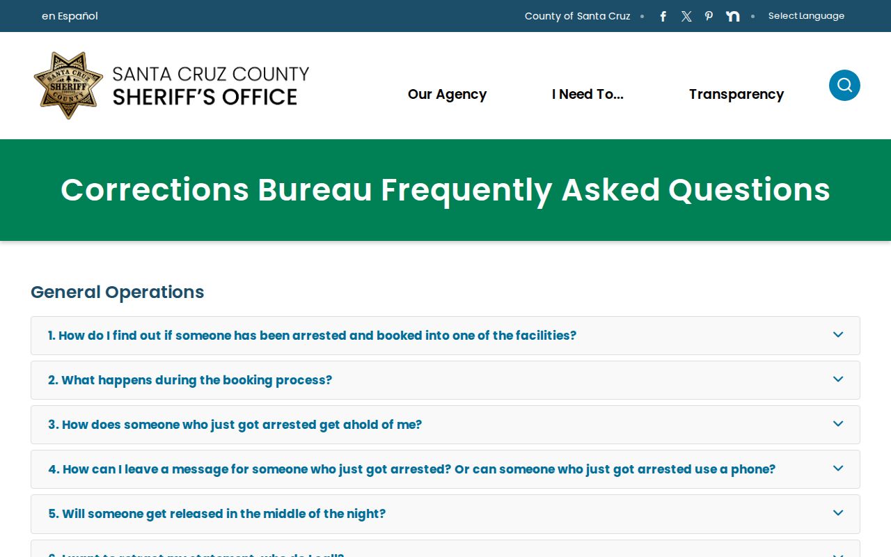 Santa Cruz County corrections FAQ for recent arrest booking checks