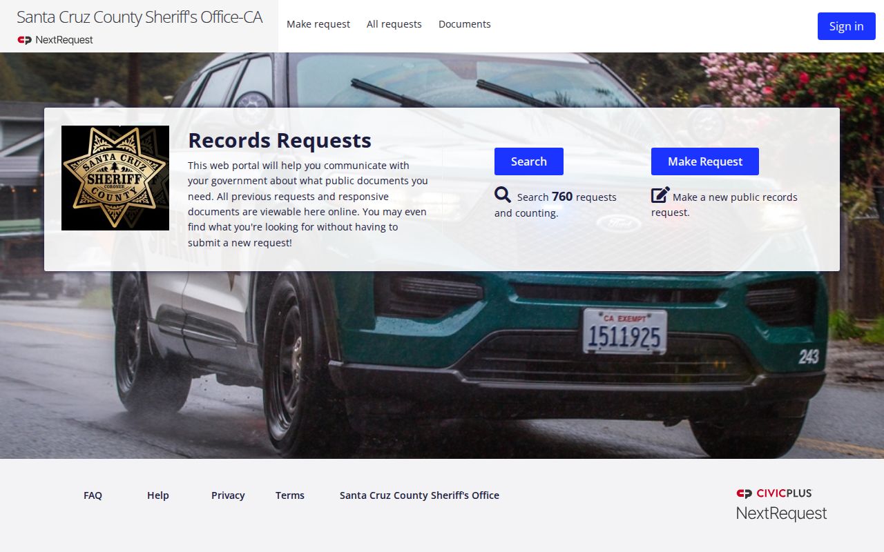 Santa Cruz County Sheriff NextRequest portal for arrest and booking records
