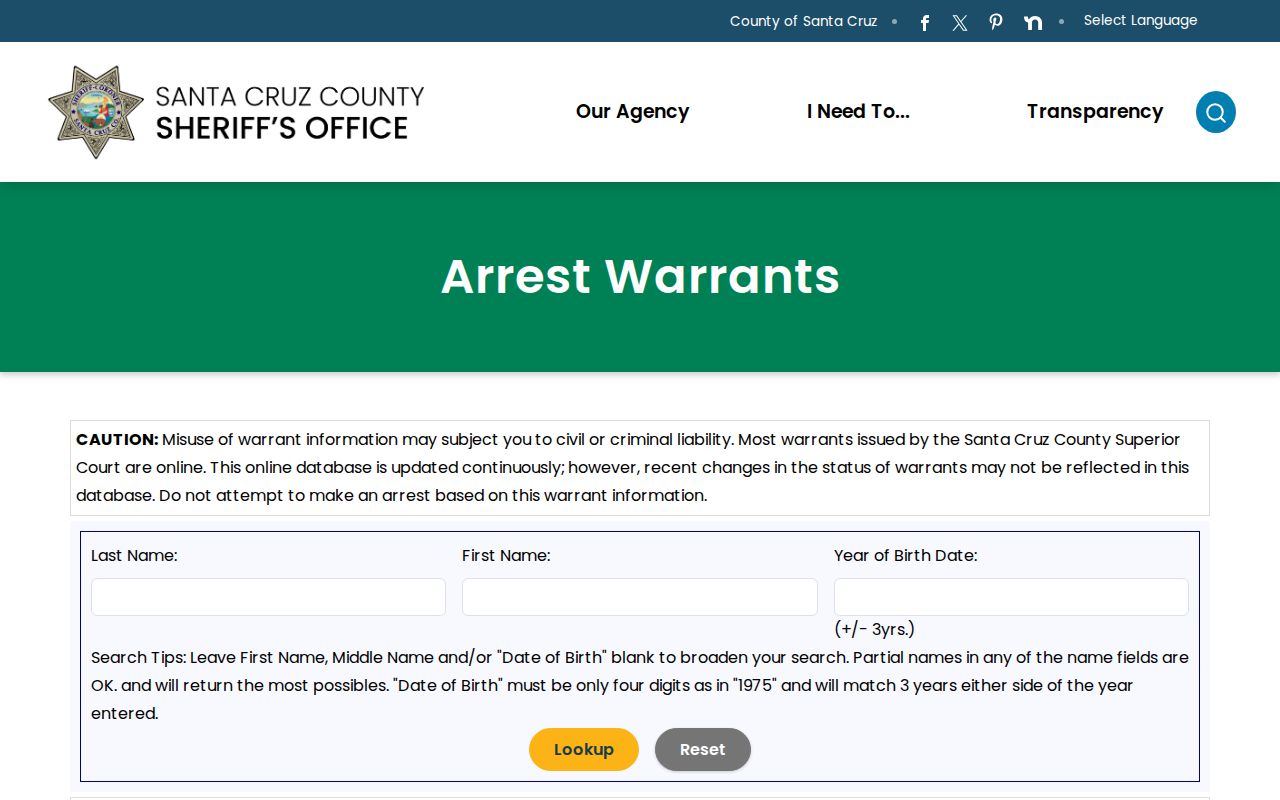 Santa Cruz County Sheriff official warrant search portal