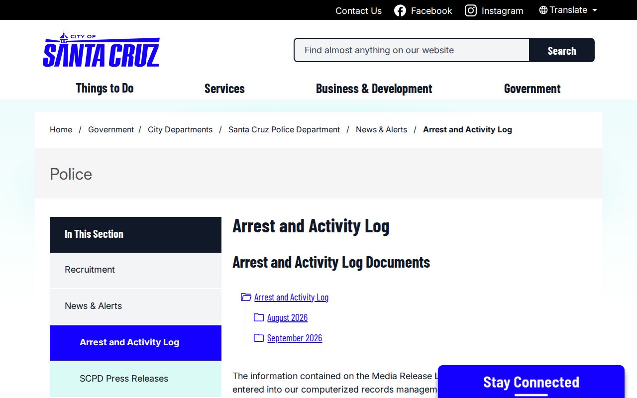 Santa Cruz Police Arrest and Activity Log page