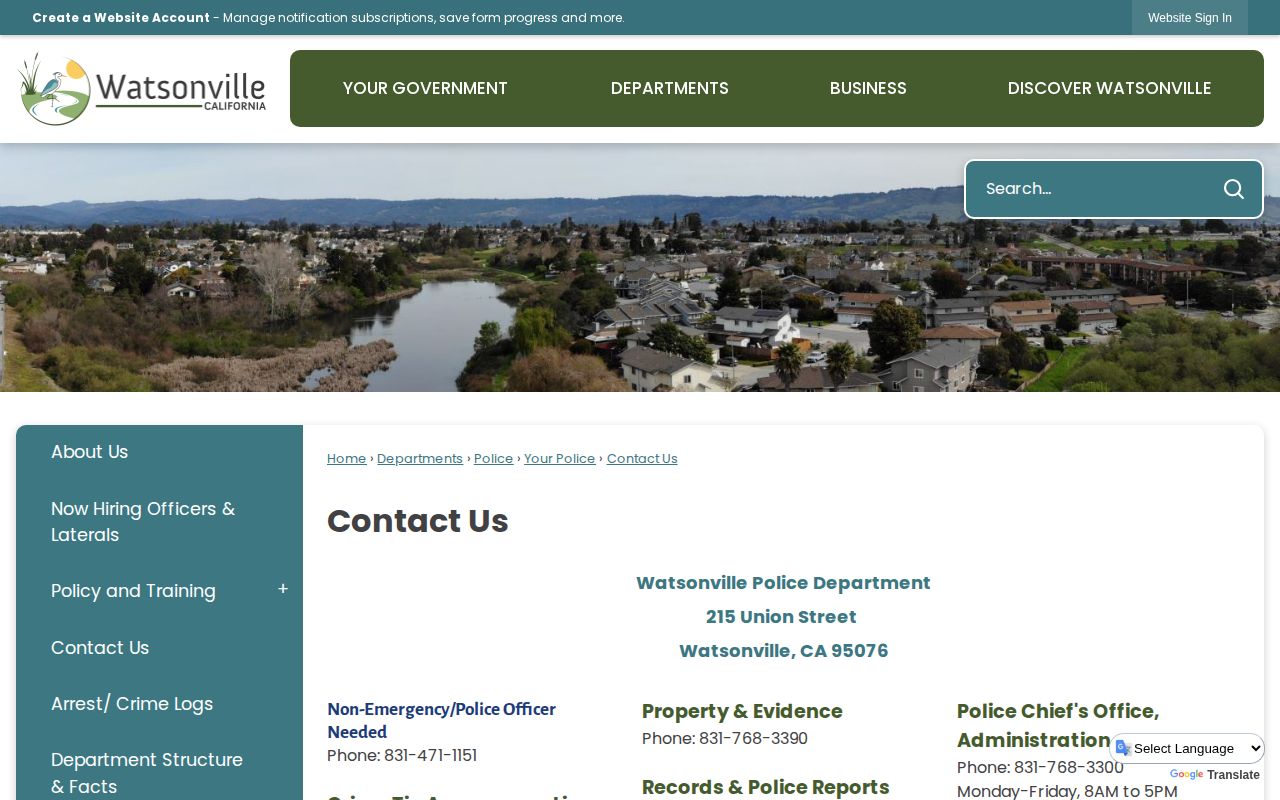 Watsonville Police Department contact page